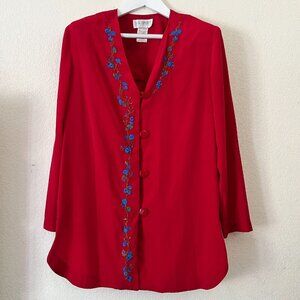 SG Sport Collection Womens Blouse Medium 10/12 Red Silky Embroidered Floral